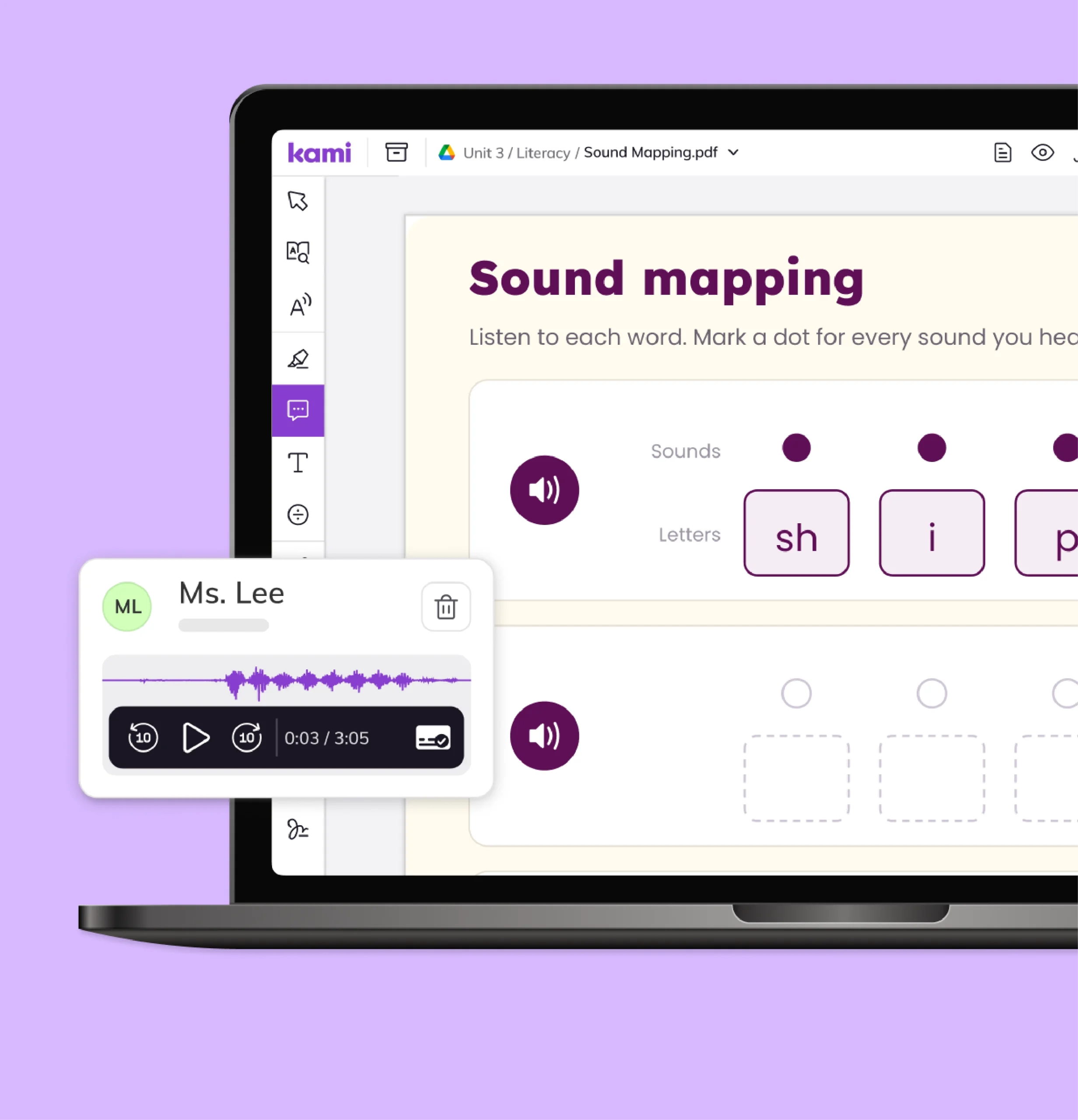 A Kami App sound mapping activity with teacher voice feedback helps students build reading fluency.