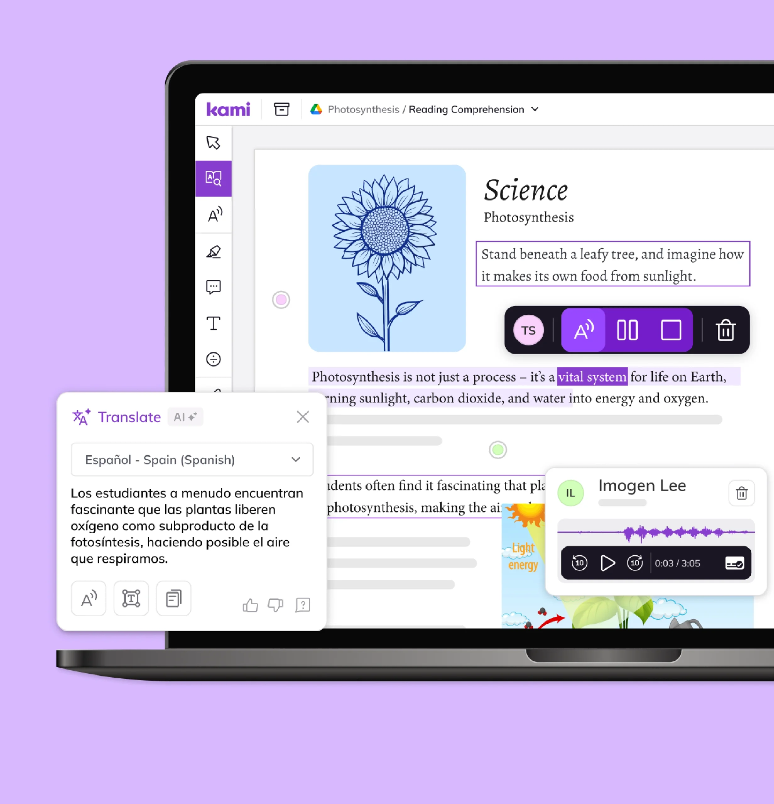 Kami App translates a science reading into Spanish for English language learners.