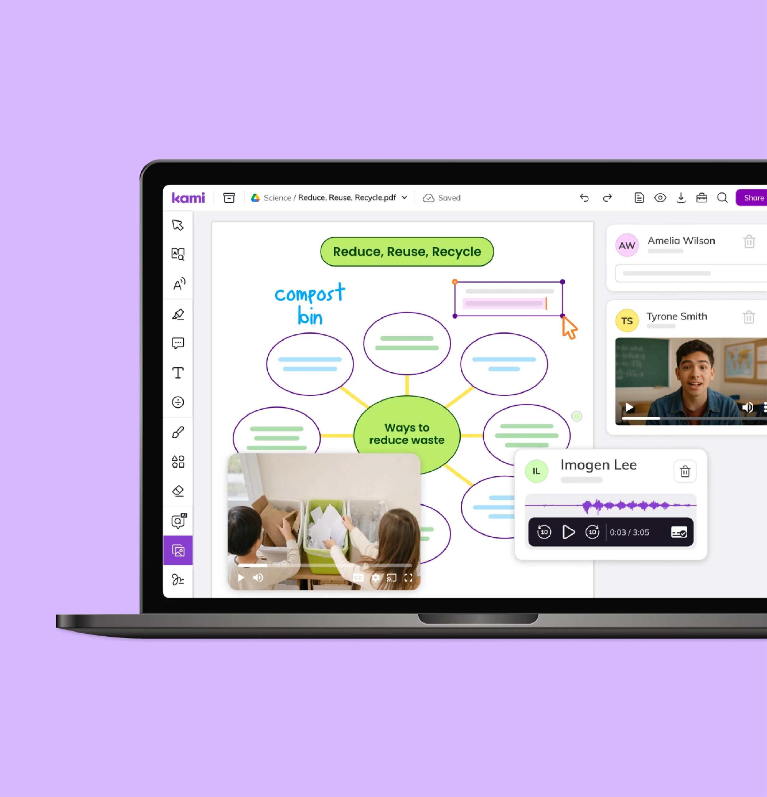 Kami App whiteboard holds a shared mind map with video and voice comments for collaborative learning.