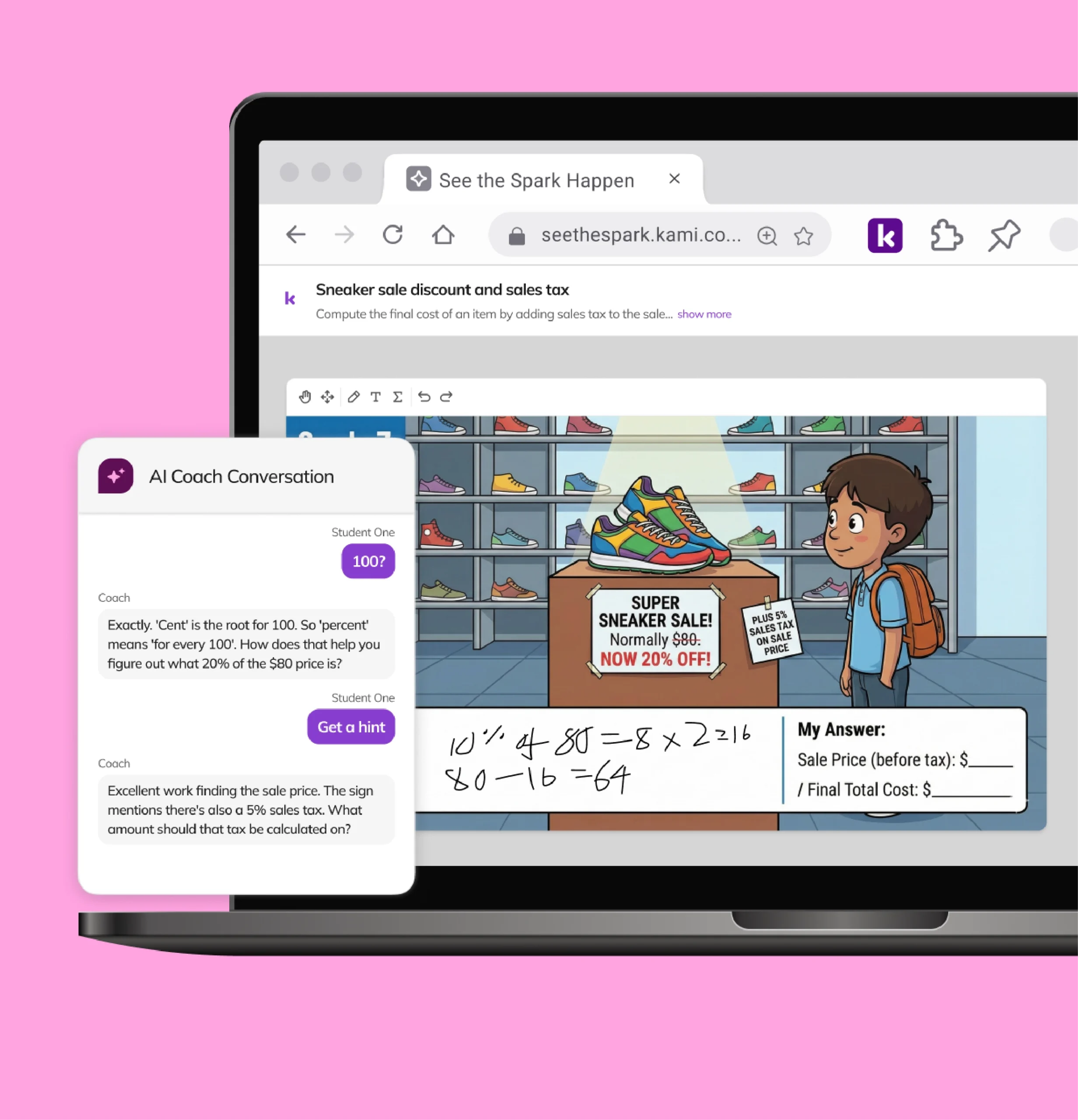 Kami Coach progress monitoring tools give real-time AI feedback on a sales tax math problem.