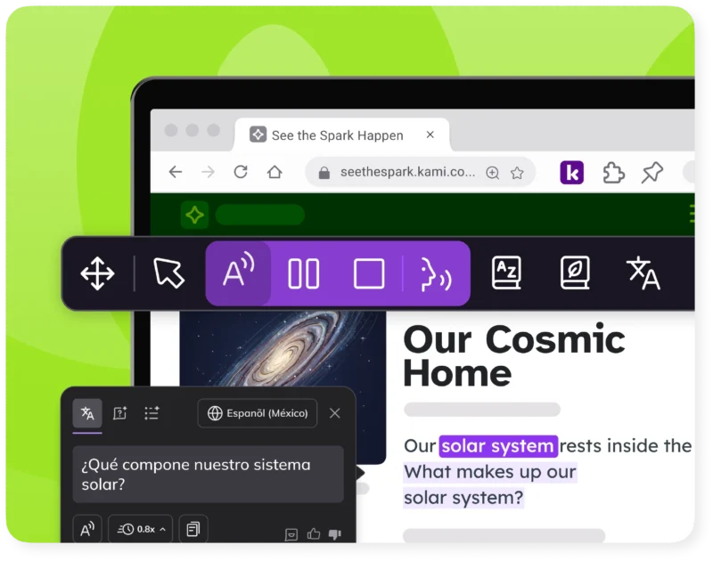 Kami Companion, one of Kami’s apps for teachers, reads text aloud and translates it into Spanish.