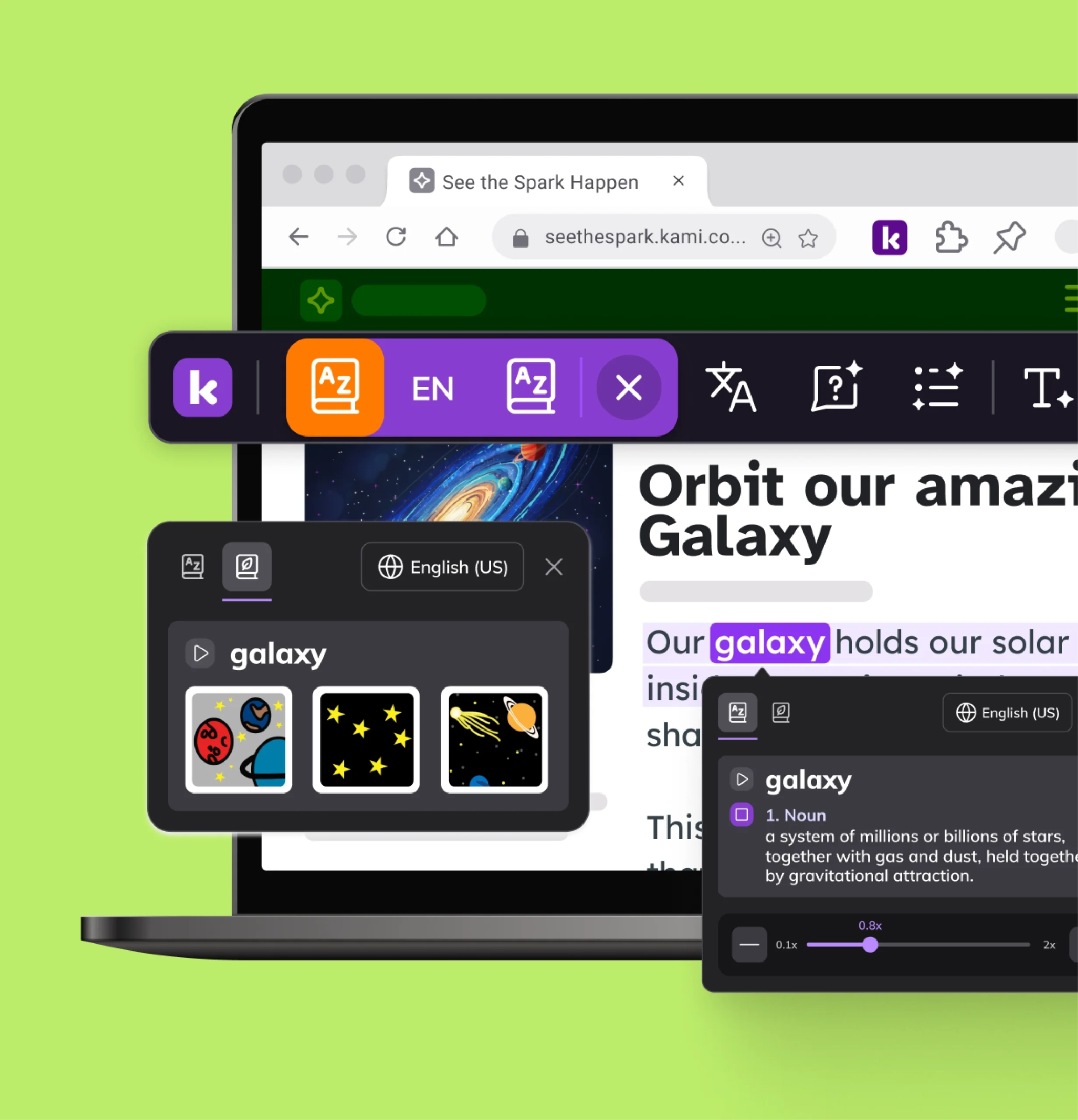 Kami Companion blended learning tools show a picture dictionary and definition for the word “galaxy.”