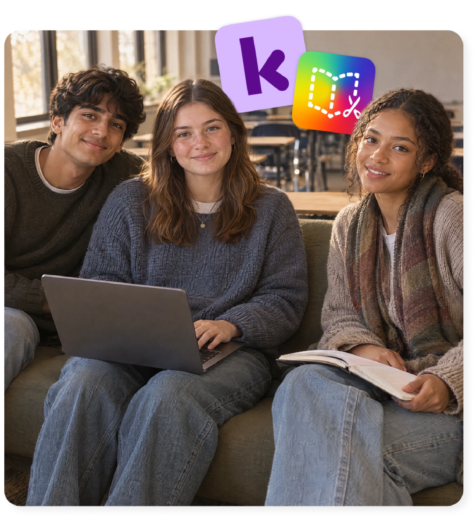 Three students share a laptop and book, making collaborative learning visible with Kami App and Book Creator.