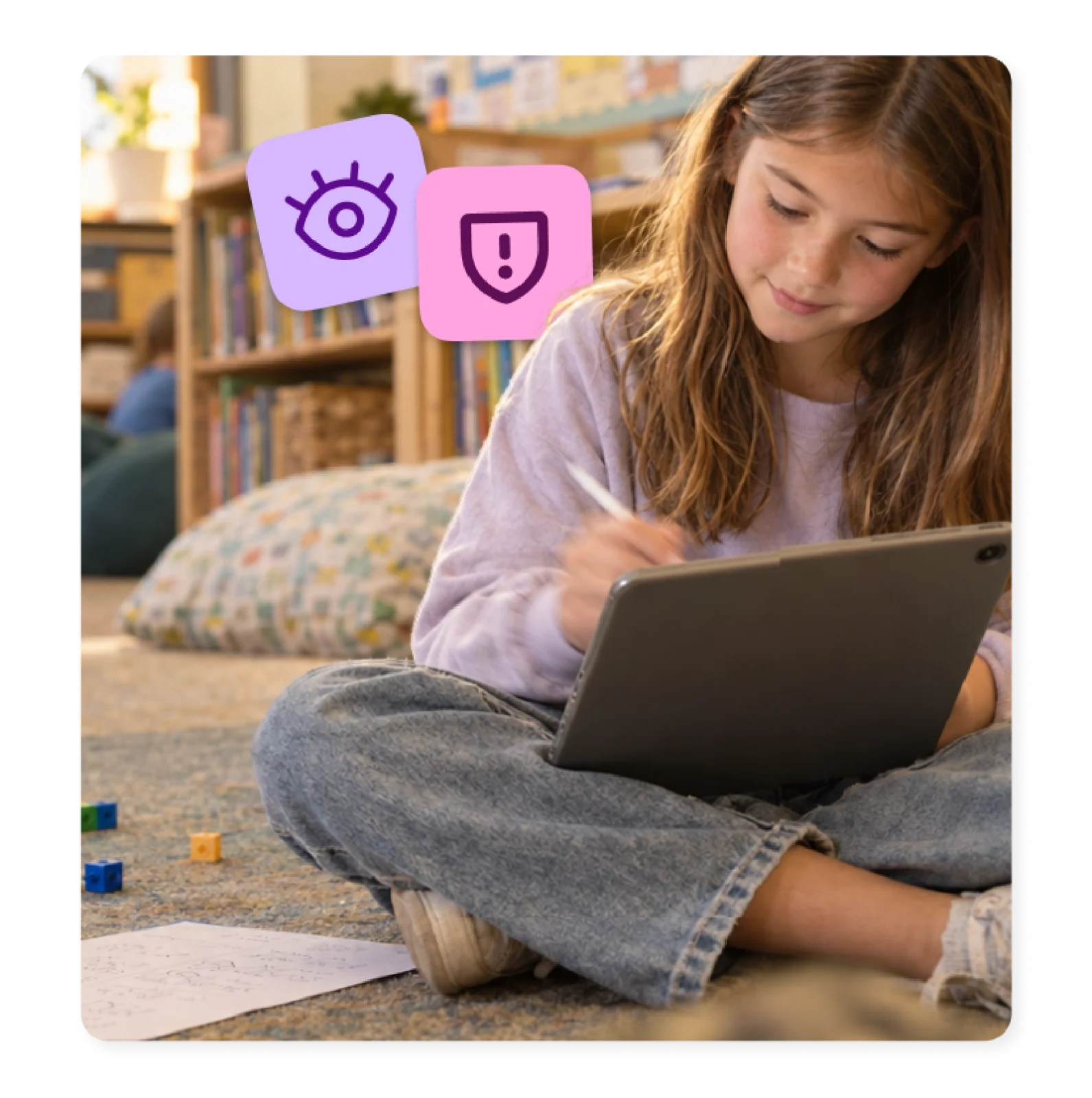 A student works through a math problem on a tablet, making her math fluency visible.