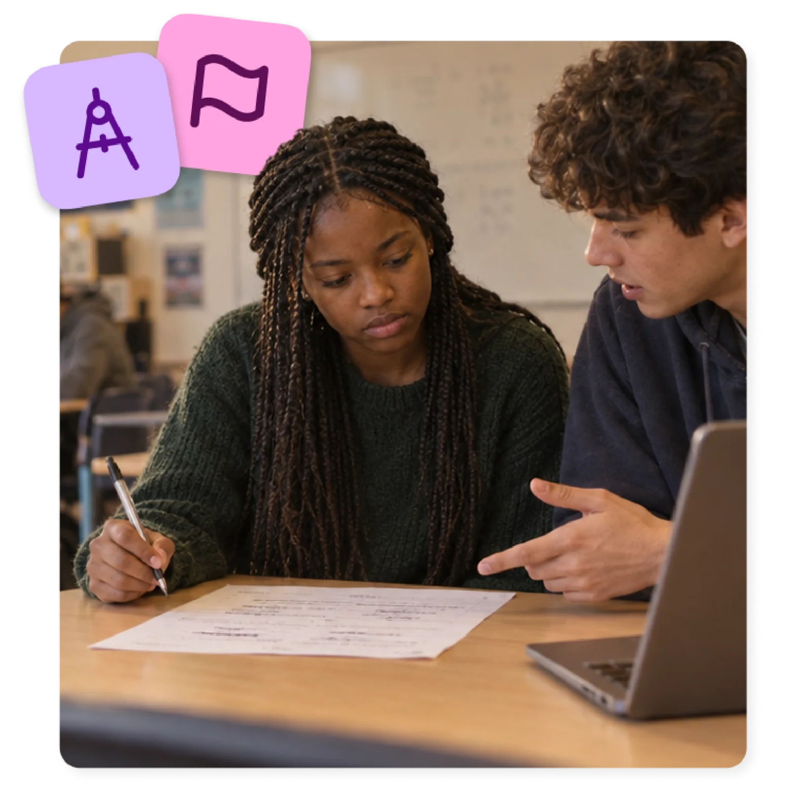 A student explains his reasoning to a classmate, showing math fluency is more than a final answer.