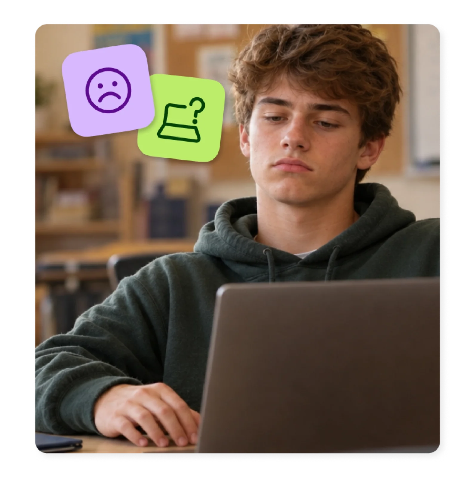 A student looks unsure at his laptop, showing the challenge of learning without the right blended learning tools.