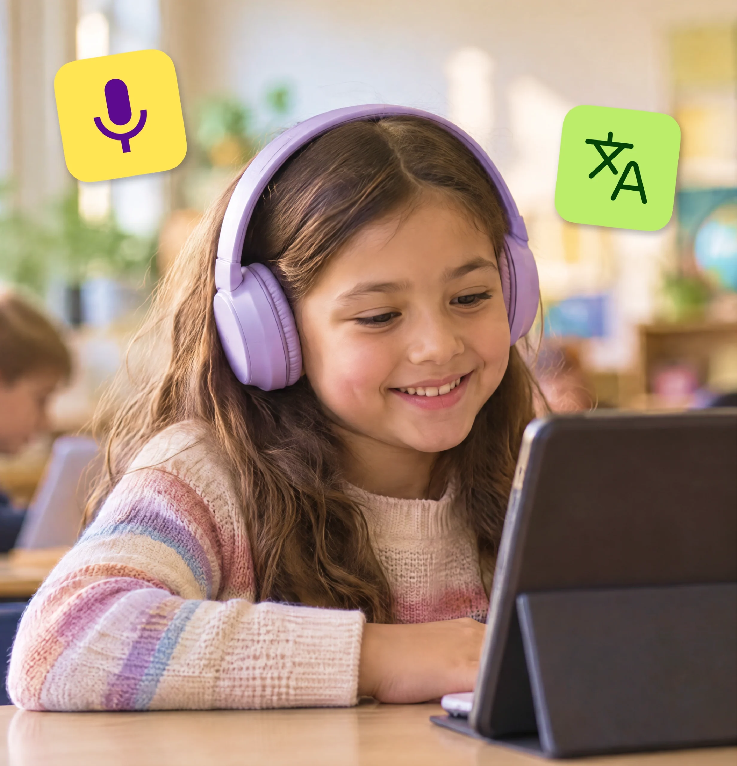 An elementary student in headphones smiles at her tablet, with voice typing and translation icons nearby.