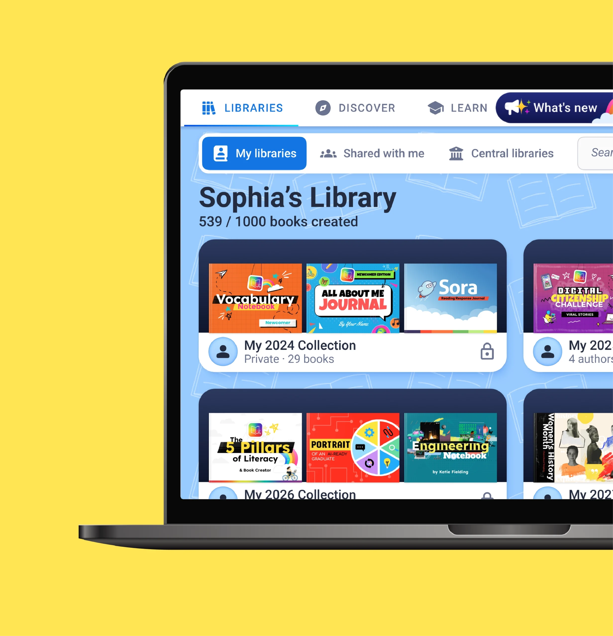 A Book Creator library organizes student-made books into yearly collections, from vocabulary notebooks to reading journals.