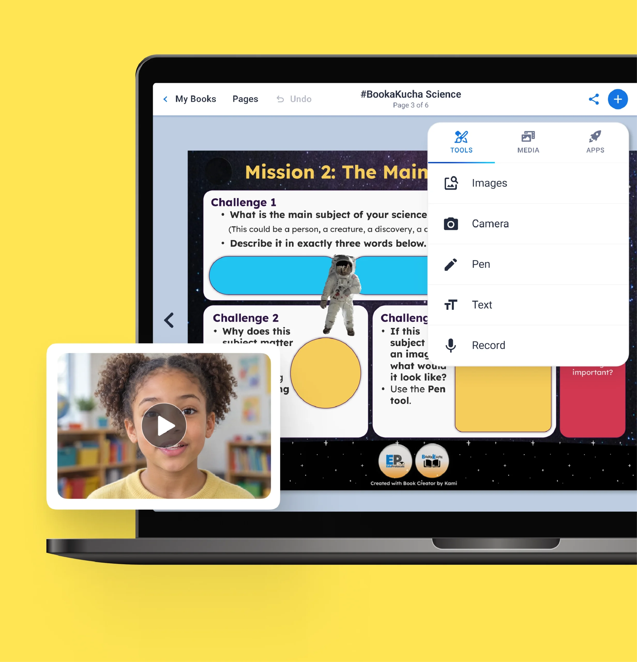 A student builds a multimedia book in Book Creator to show understanding.