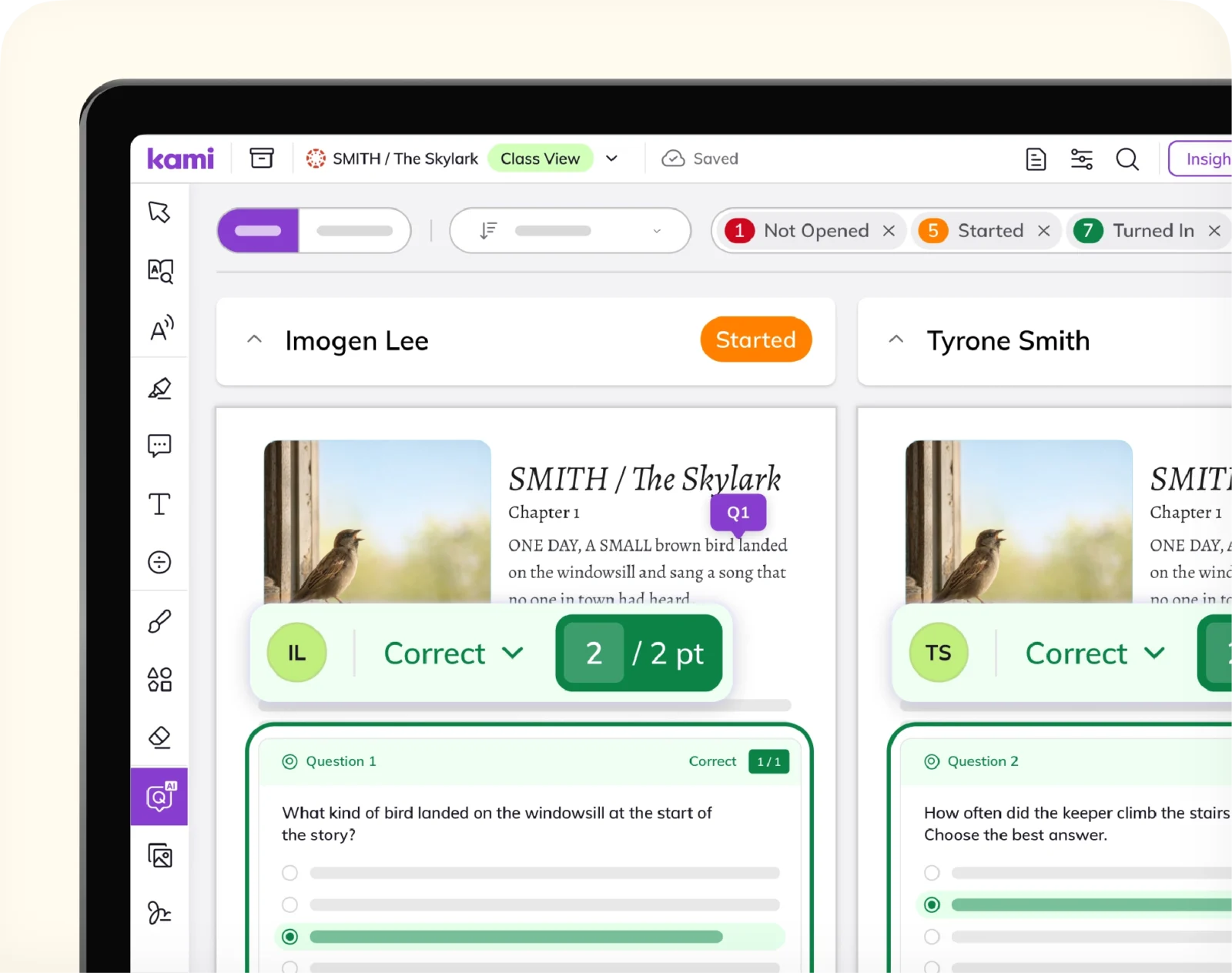 Kami App Class View autogrades each student's reading quiz answers as they work.
