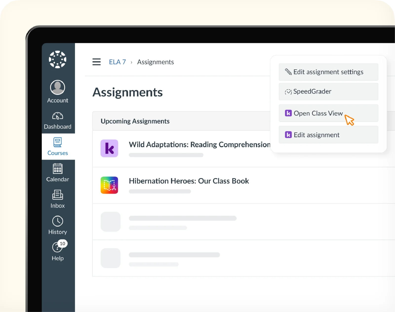 A Canvas assignment list shows Kami App and Book Creator assignments, with an option to open Kami Class View.