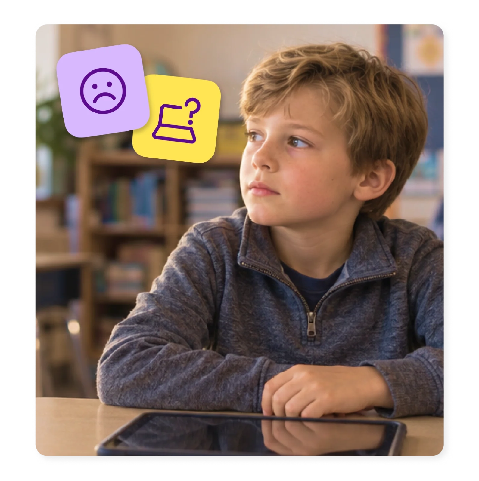 An elementary student sits back from his tablet, looking thoughtful.