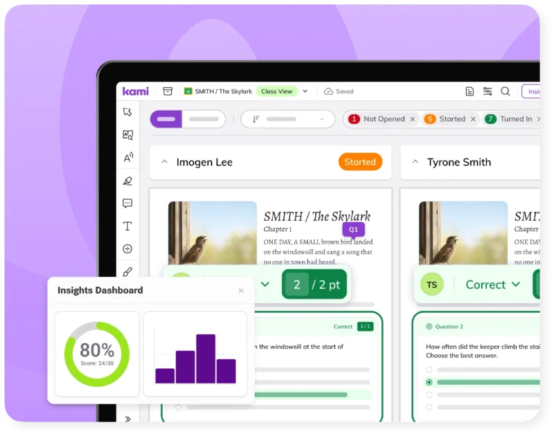 Kami App Class View shows each student’s graded quiz answers, with class scores in the Insights Dashboard.