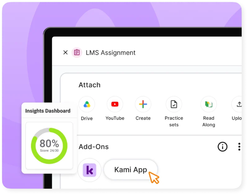 Kami App appears as an add-on inside an LMS assignment, ready to use without a separate account.