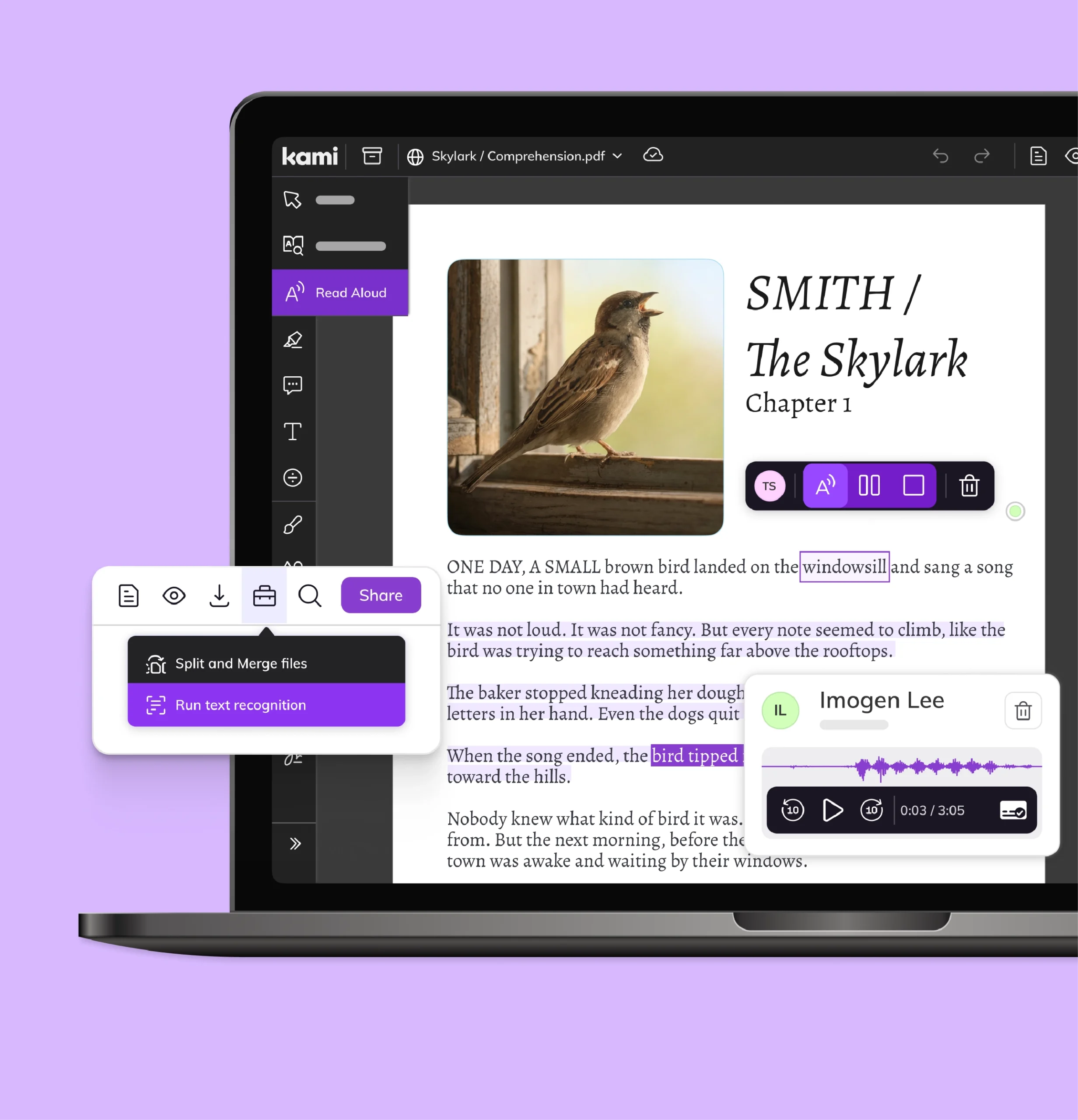 Kami App runs text recognition on a scanned reading so it can be read aloud.