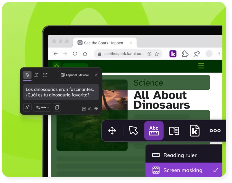 Kami Companion turns on screen masking and translates a question about dinosaurs into Spanish.
