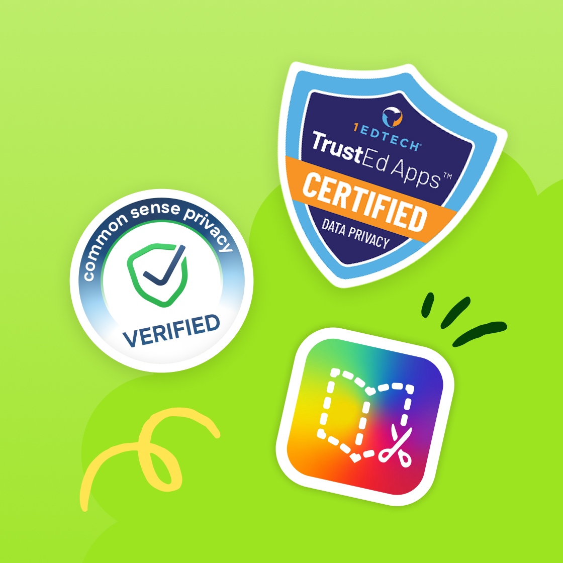 Common Sense Privacy Verified seal, 1EdTech TrustEd Apps Data Privacy Certified badge