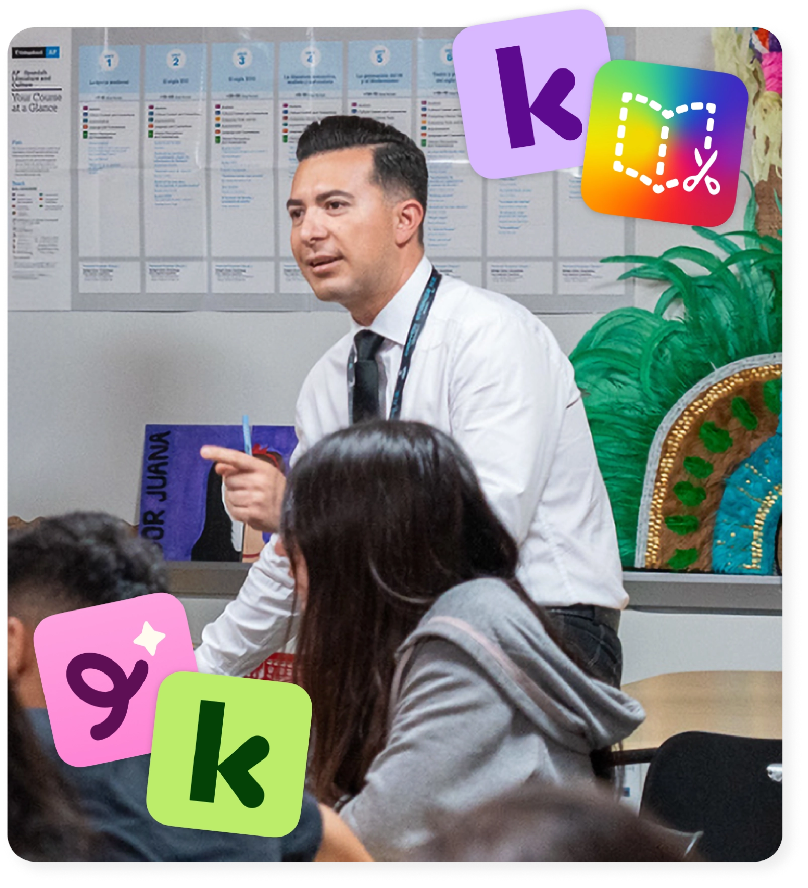 A school leader guides a class discussion, alongside the Kami family of K12 edtech products.