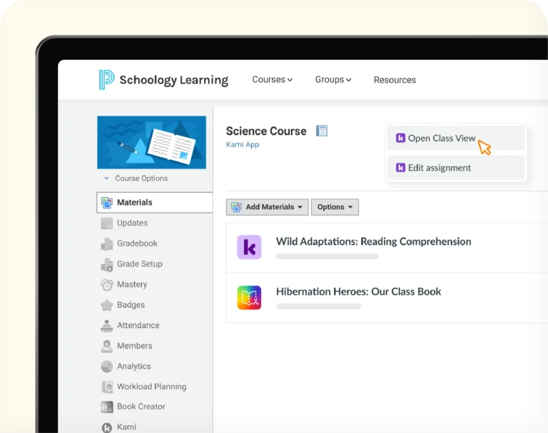 A science course lists Kami App and Book Creator assignments, with an option to open Kami Class View.