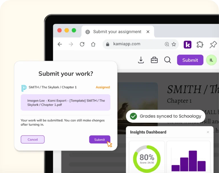 A student submits a Kami App reading assignment as grades sync to the class gradebook.