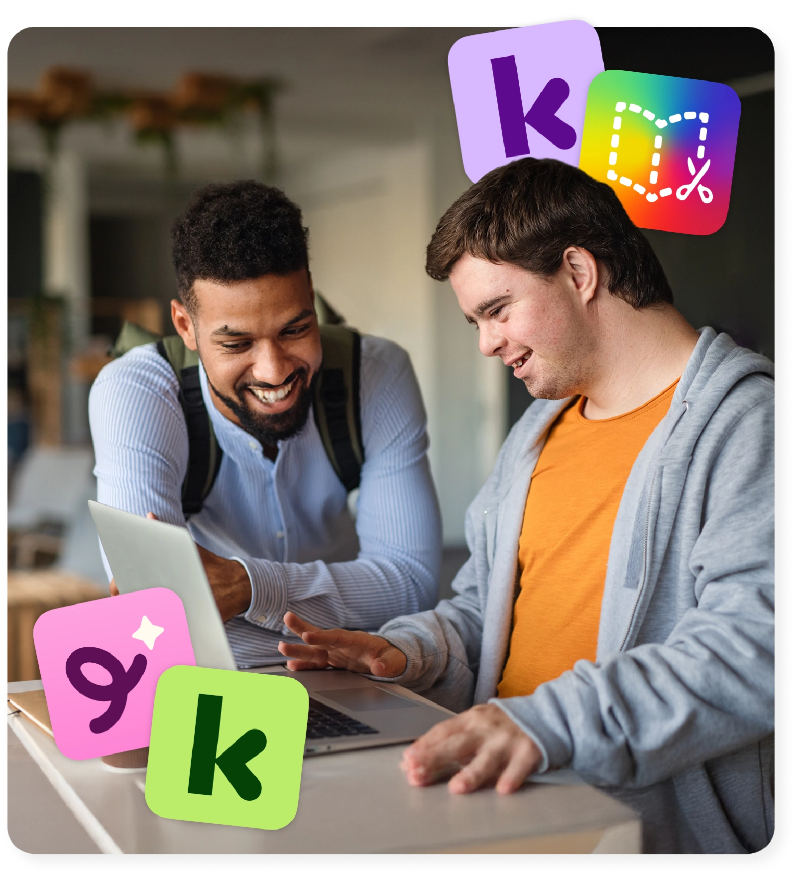 An educator and student smile at a laptop, using the Kami family of special education software.