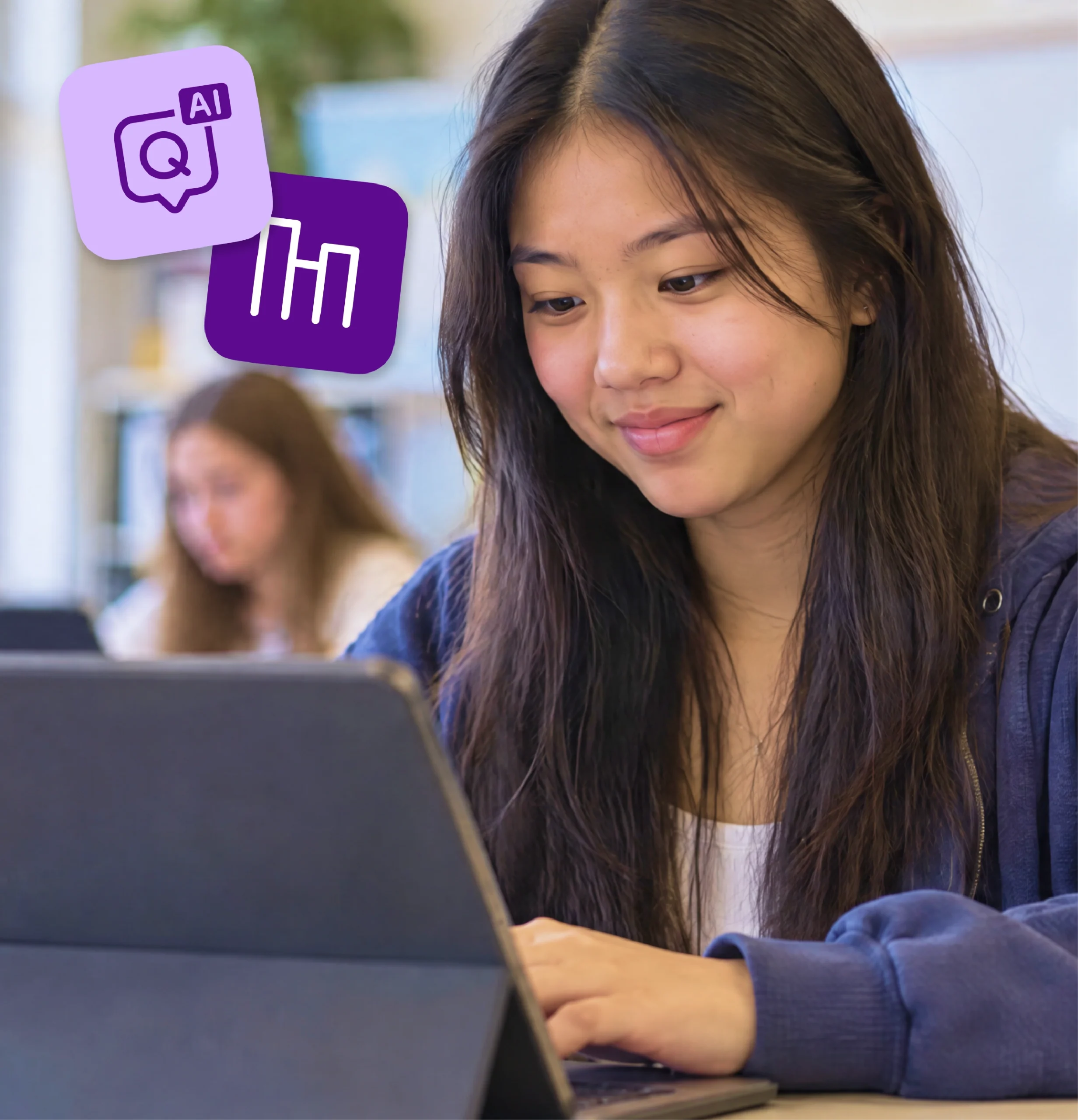 A high school student smiles while working on a tablet, with AI question and insights icons beside her.